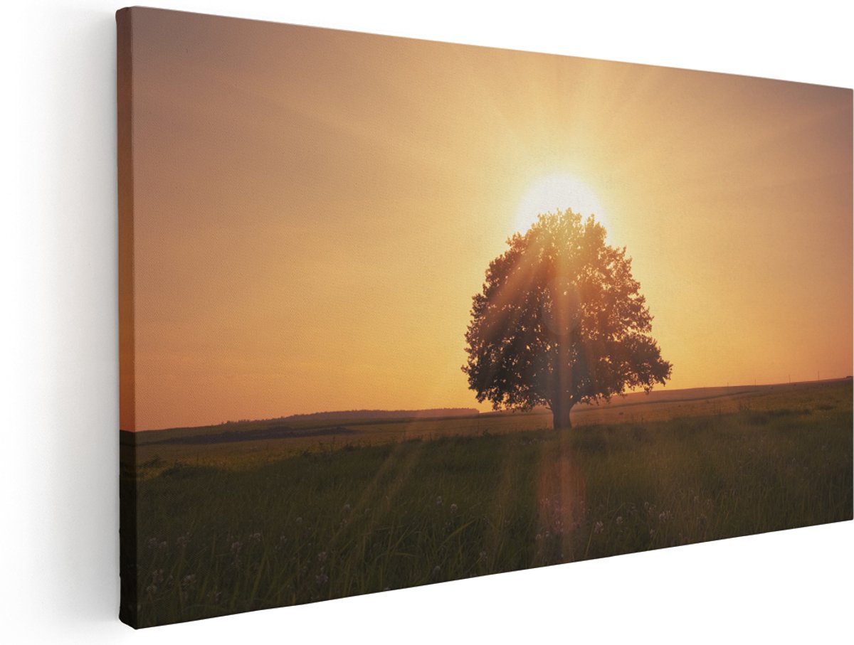 Artaza Canvas Schilderij Zonsondergang Achter Een Grote Boom - 180x90 cm - Groot - Wanddecoratie Woonkamer - Schilderijen - Muurdecoratie