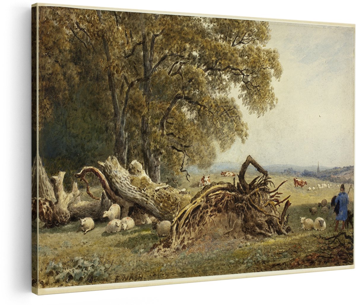 Artaza Canvas Schilderij Landschap - 180x120 cm - Groot - Wanddecoratie Natuur - Muurdecoratie Schapen En Koeien - Decoratie Herder - Schilderijen Op Canvas