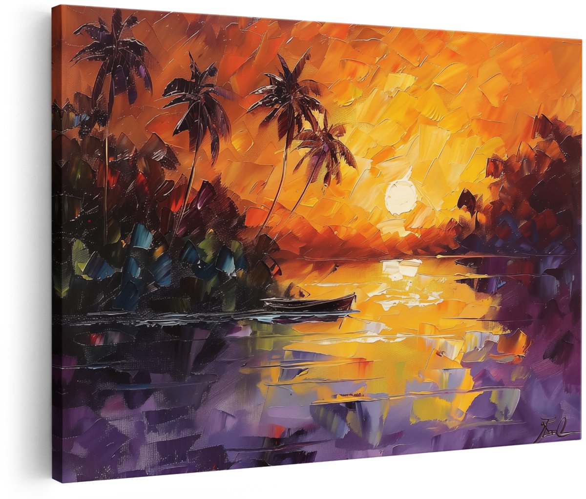 Artaza Canvas Schilderij Zonsondergang met Palmbomen en een Boot - 180x120 cm - Groot - Wanddecoratie Woonkamer - Schilderijen - Muurdecoratie