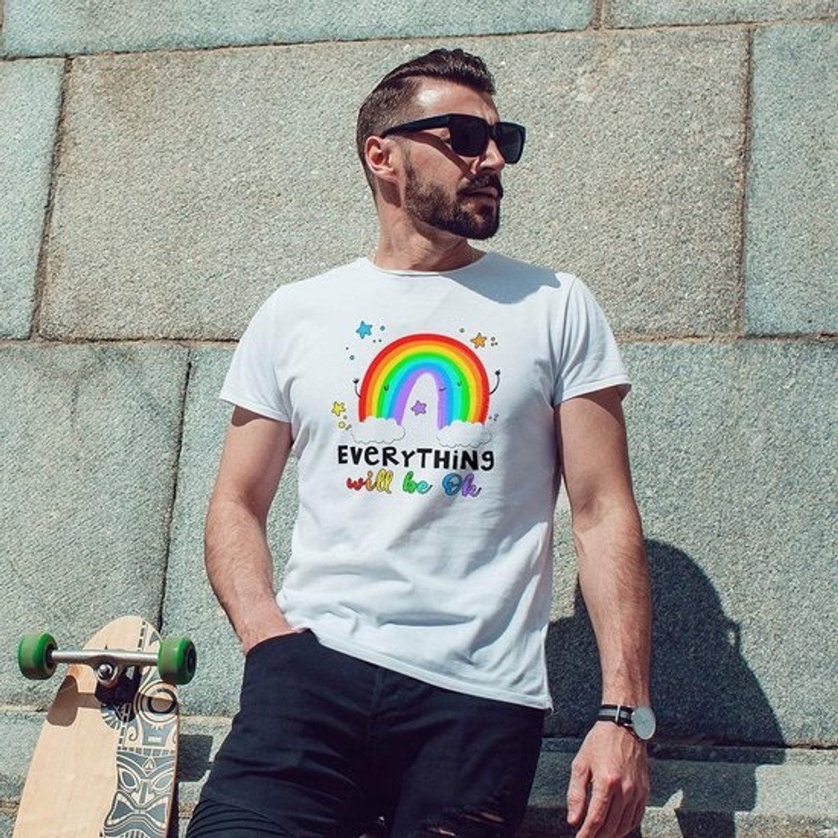 Heren T-shirt Regenboog 'Alles Komt Goed' Korte Mouwen Comfortabel Katoen