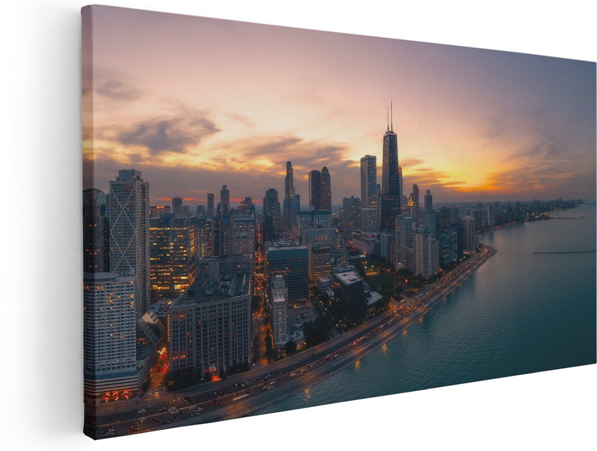 Artaza Canvas Schilderij Chicago Stad - 180x90 cm - Groot - Wanddecoratie Skyline Zonsondergang - Muurdecoratie Landschap - Schilderijen Op Canvas