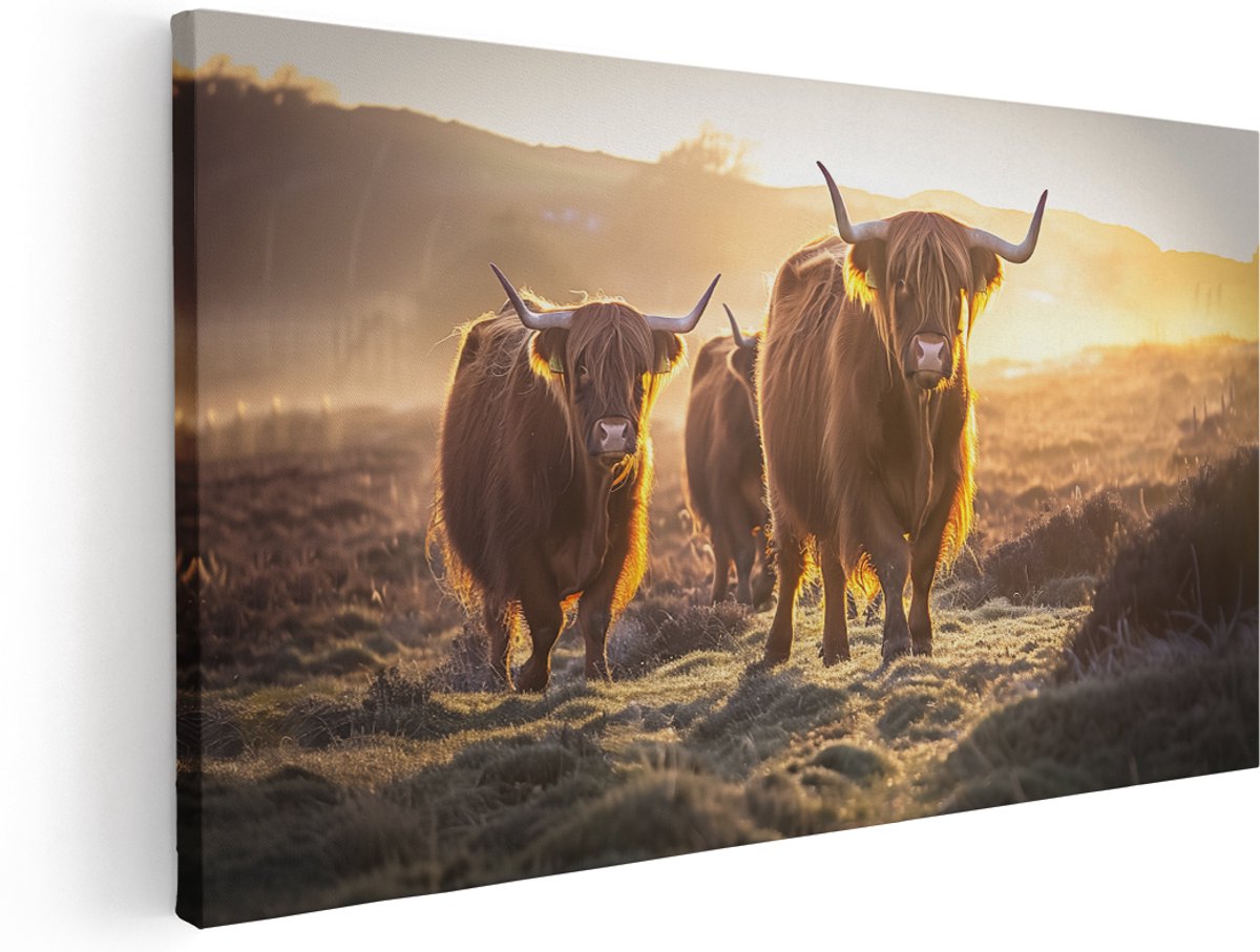 Artaza Canvas Schilderij Groep Koeien in een Veld - Dieren - 180x90 cm - Groot - Klein - Wanddecoratie Woonkamer - Schilderijen - Muurdecoratie