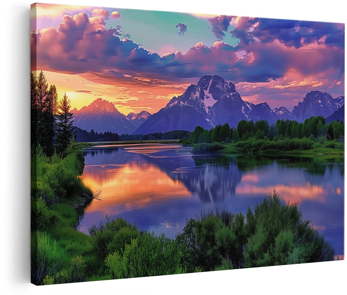 Artaza Canvas Schilderij Zonsondergang over een Rivier en Bergen - Landschap - 180x120 cm - Groot - Wanddecoratie Woonkamer - Schilderijen - Muurdecoratie