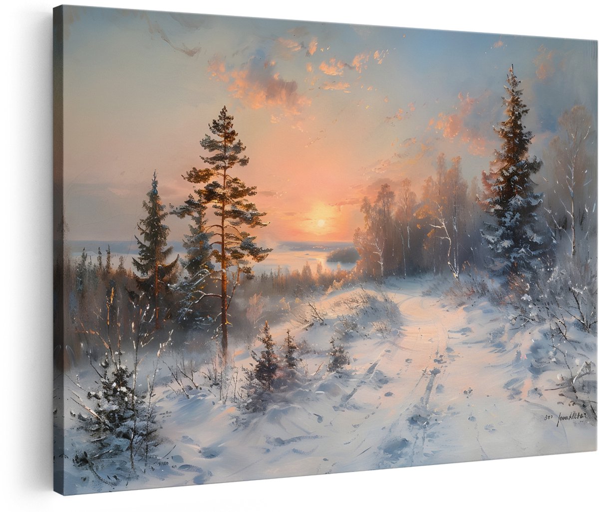 Artaza Canvas Schilderij Winterlandschap - 180x120 cm - Groot - Wanddecoratie Natuur - Muurdecoratie Zonsopgang - Schilderijen Op Canvas Bos