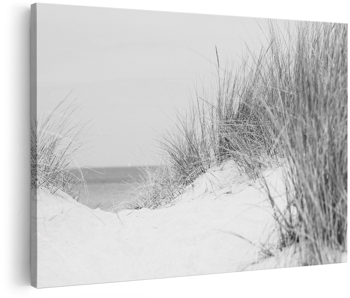 Artaza Canvas Schilderij Duinplanten met Zand en Zee - Duinen - Zwart Wit - 180x120 cm - Groot - Foto Op Canvas - Wanddecoratie