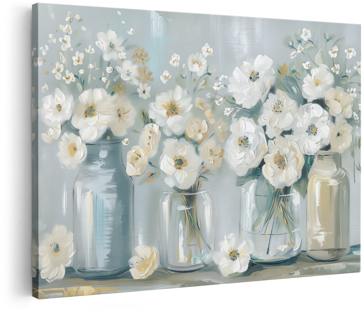 Artaza Canvas Schilderij Witte Bloemen in Stenen Potten - 180x120 cm - Groot - Wanddecoratie Woonkamer - Schilderijen - Muurdecoratie