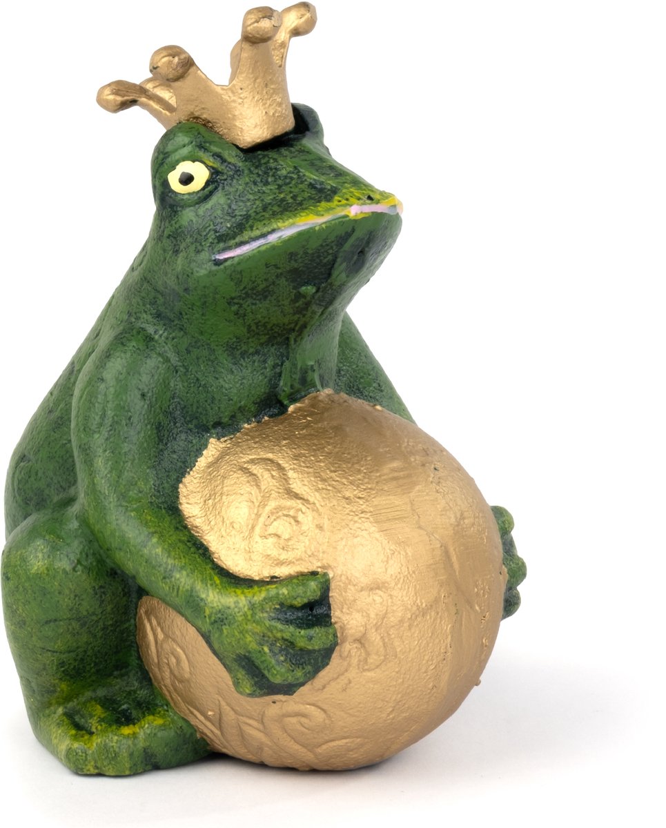 Moritz Tuinbeeld Kikker met Kroon - Gietijzer - 15 cm hoog - Groen Goud Antiek - Kikkerbeeld zittend met gouden bal en gegraveerd ornament - Geschikt voor binnen en buiten - Tuindecoratie voor border, terras en vijverrand - 1 stuk