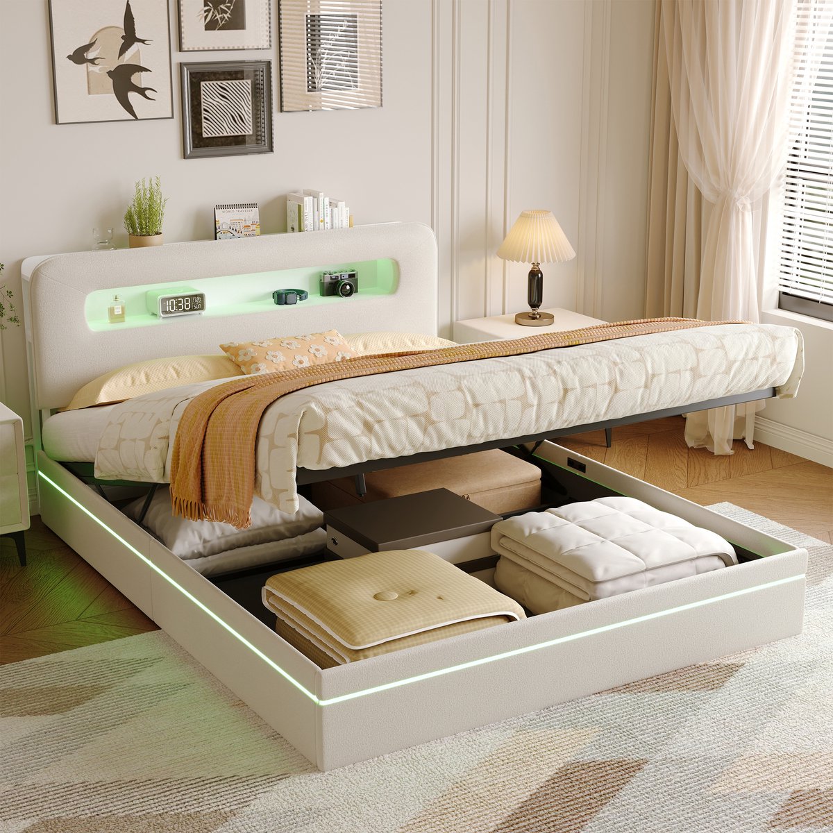 Opbergbed 160x200 cm met ledverlichting, bedframe met lattenbodem en opbergruimte, gestoffeerd hoofdbord met open planken, Tweepersoonsbed voor volwassenen en tieners, fluweel Beige
