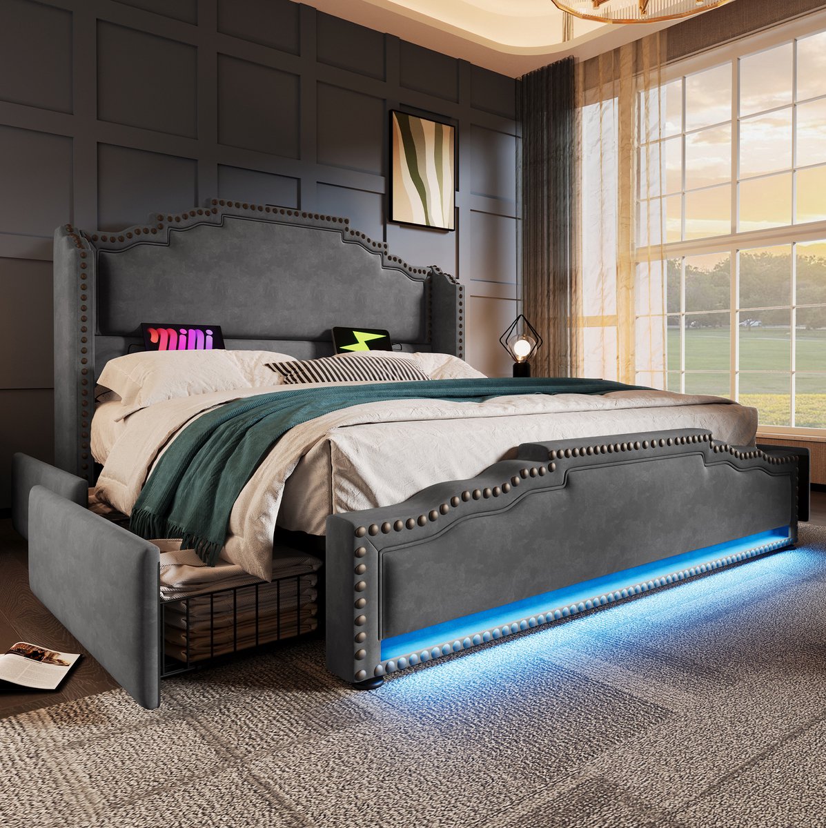 REDOM - Bed - Gestoffeerd hoofdbord met siernagels - Lattenbodem en 4 lades - LED-verlichting en USB-C - Vintage stijl - Slaapkamer - Stof - Grijs - 169 x 214 x 120 cm