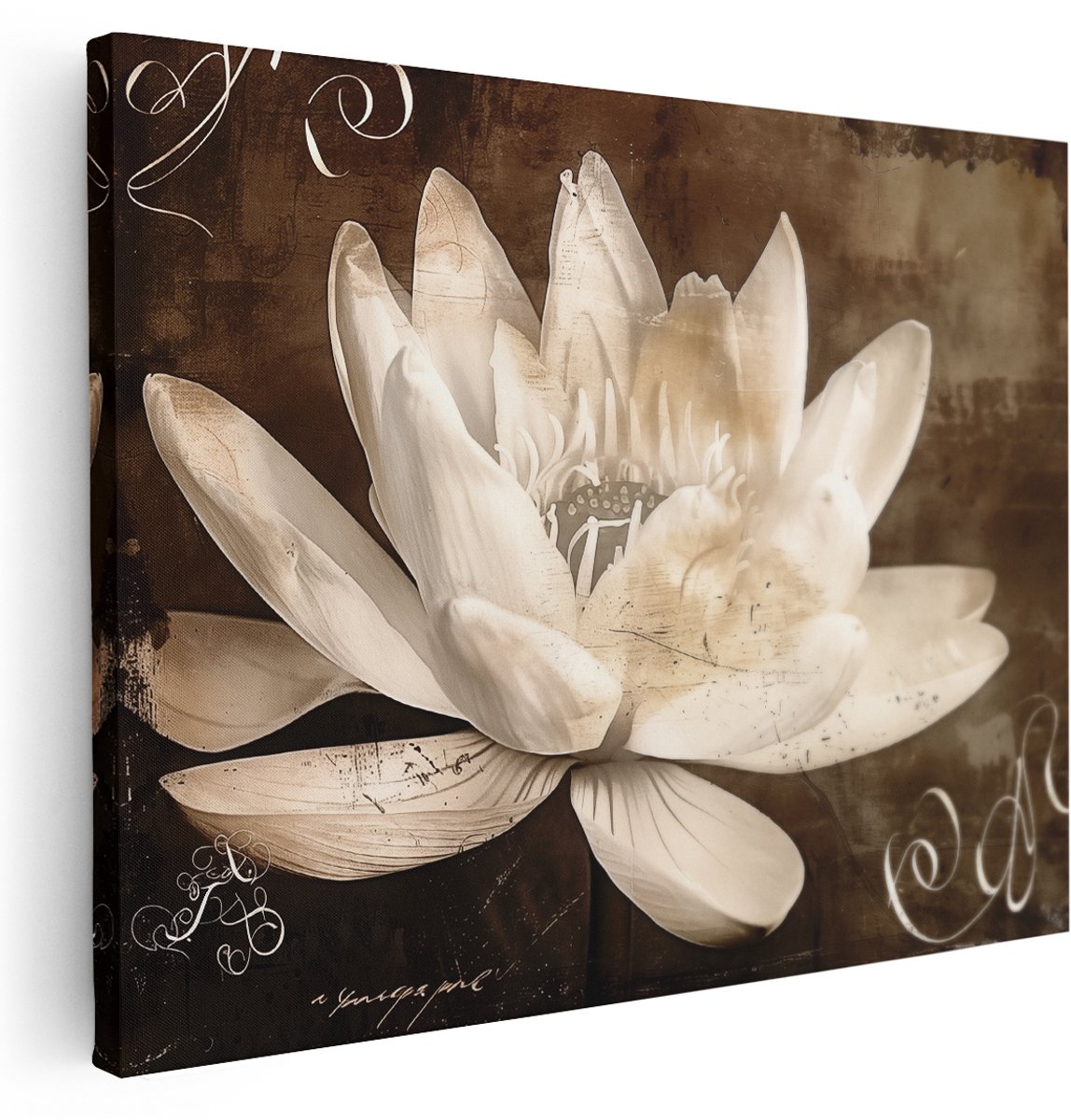 Artaza Canvas Schilderij Witte Lotusbloem op een Bruine Achtergrond - Bloemen - 160x120 cm - Groot - Wanddecoratie Woonkamer - Schilderijen - Muurdecoratie