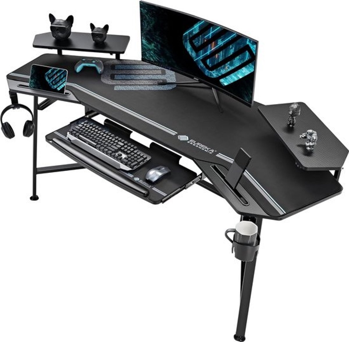 Ergonimisch Gaming Bureau 182 x 76 cm - Vleugelvormig met Monitorsteunen en Hoofdtelefoonhaken