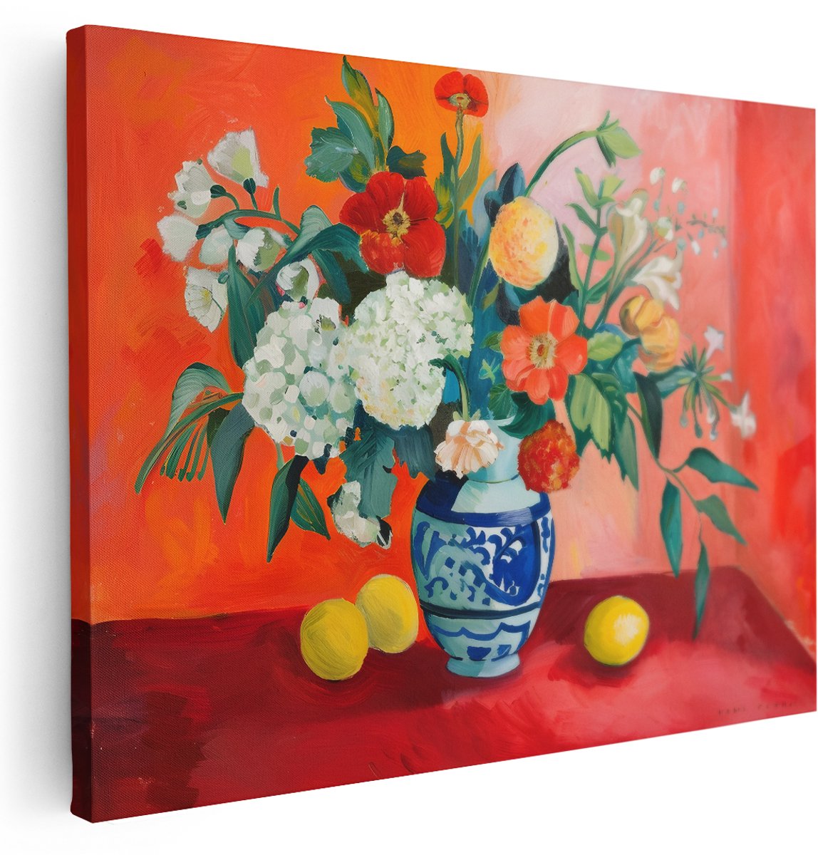 Artaza Canvas Schilderij Stilleven - 160x120 cm - Groot - Wanddecoratie Bloemen In Vaas - Muurdecoratie Citroenen - Kleurrijk Schilderij Rood