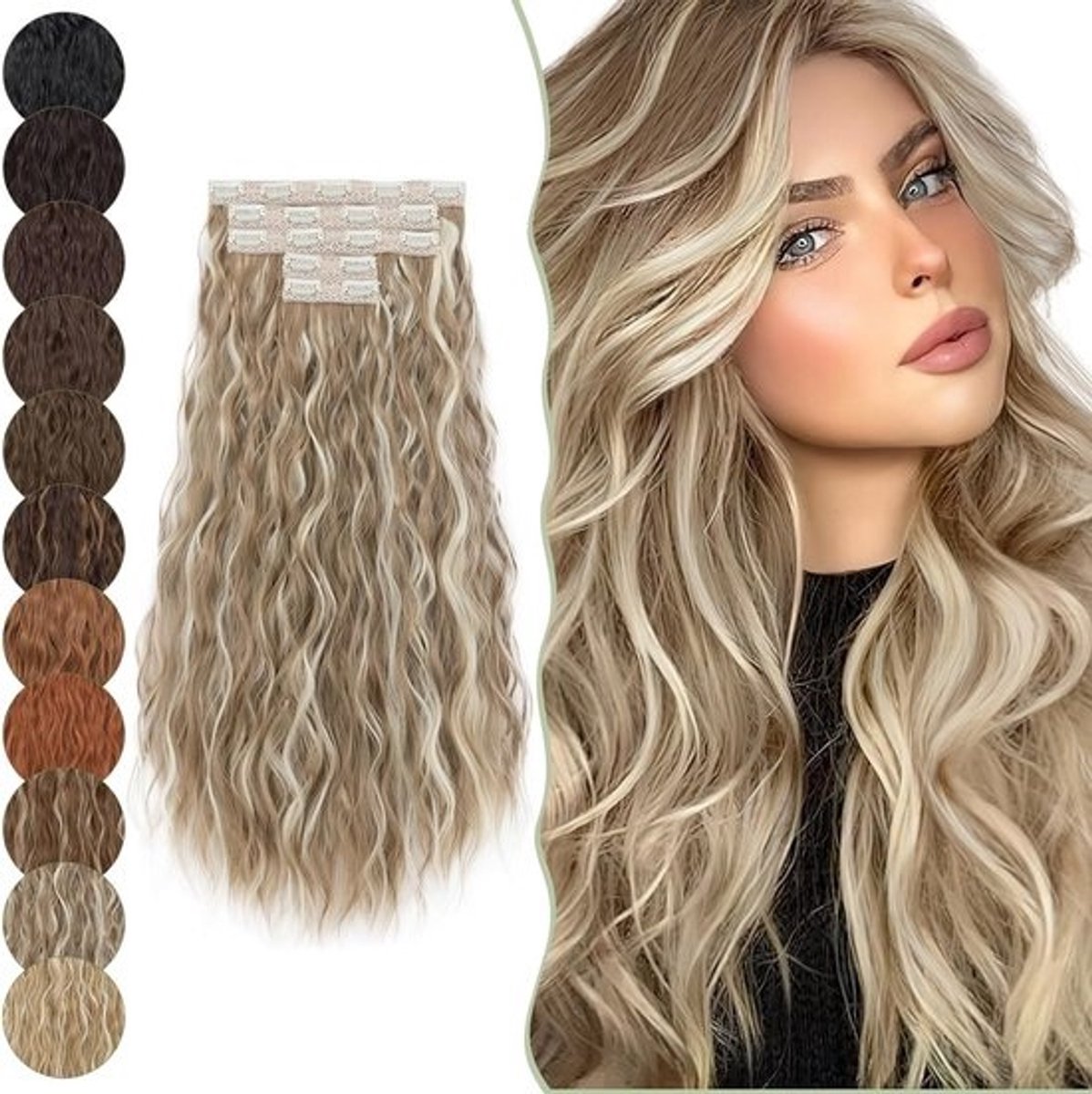 Clip-In Extensions van 60 cm, Krullend en Golvend Haar, Volledige Hoofdset van 250 g, Asblond met Highlights, Perfect voor Volumineuze Haarstijl