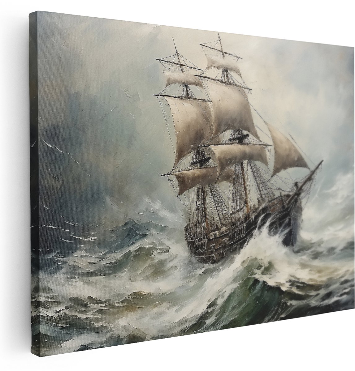 Artaza Canvas Schilderij Zeilboot - 160x120 cm - Groot - Wanddecoratie Woeste Zee - Muurdecoratie Schip - Decoratie Klassiek - Kamer Accessoires