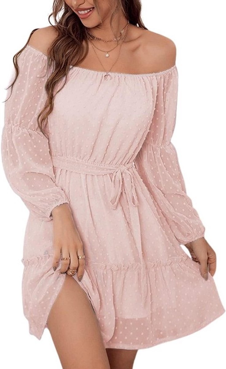 Elegante Zomerjurk Dames Lange Mouwen Schoudervrij Mini Jurk met Ceintuur