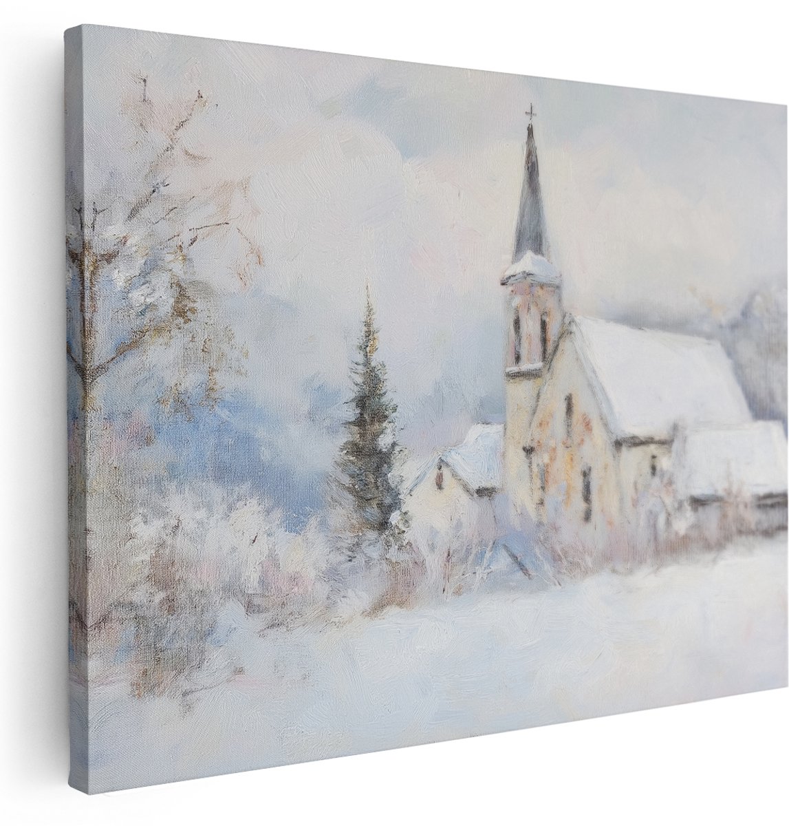 Artaza Canvas Schilderij Besneeuwde Kerk - 160x120 cm - Groot - Wanddecoratie Winter Natuur - Muurdecoratie Landschap - Kamer Accessoires