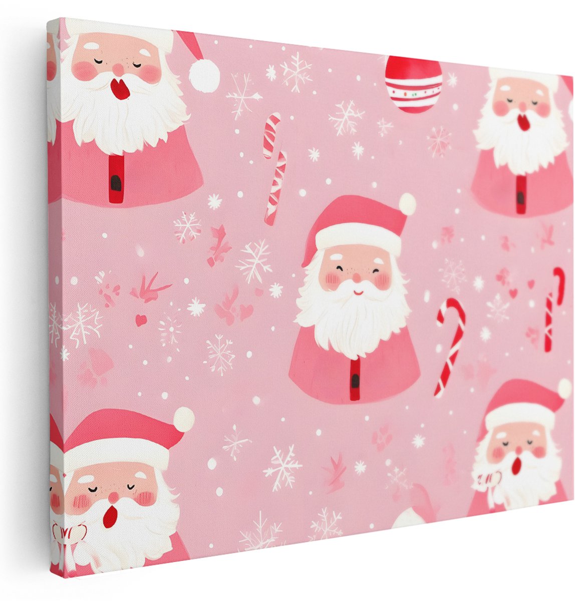 Artaza Canvas Schilderij Kerstman Roze - 160x120 cm - Groot - Wanddecoratie Meisjeskamer - Muurdecoratie Kerst - Decoratie Winter - Kamer Accessoires