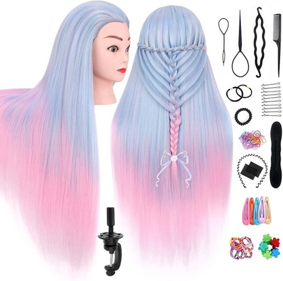 Oefenhoofd voor kapsels en vlechten - 75 cm, lichtblauw met roze tint, 100% synthetisch haar, inclusief tafelklemhouder en vlechthulp