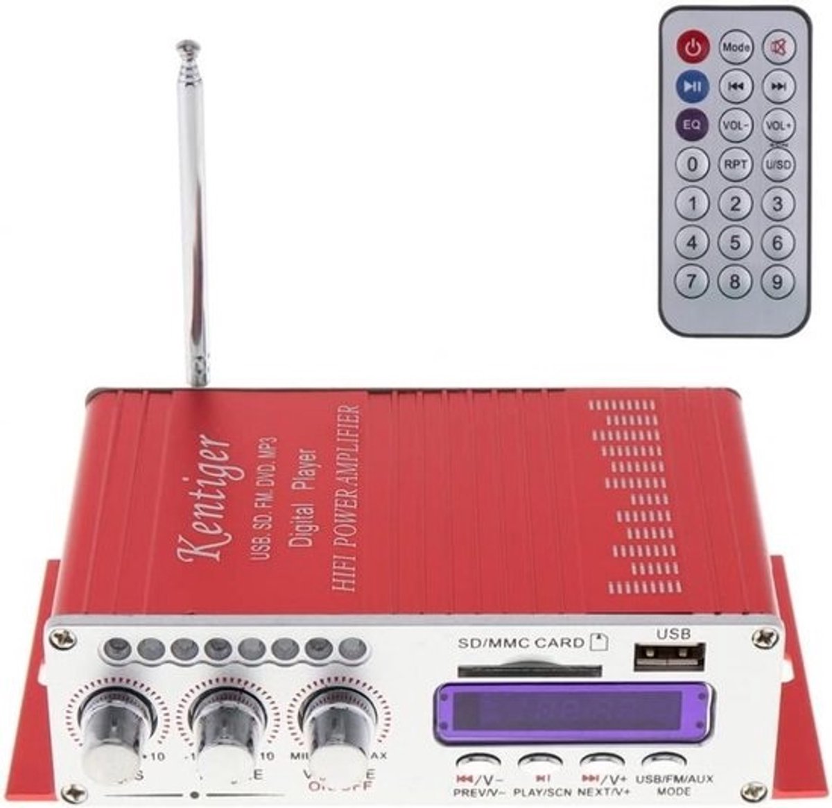 12V Digitale Hi-Fi Stereo Audio Versterker met USB, SD, MP3 en FM Radio - Rood