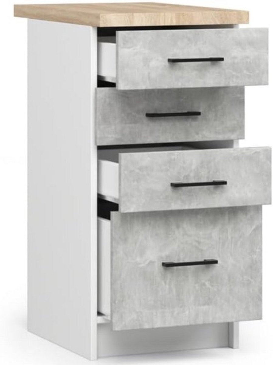 Smalle Keukenkast met Werkblad en Lades - 40 cm Breed - Los Keukenmeubel Wit/Beton