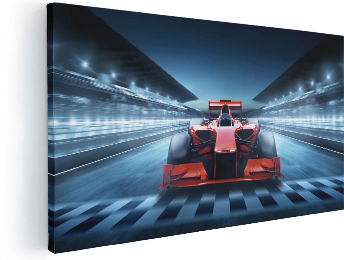 Artaza Canvas Schilderij Formule 1 Auto bij de Finish - Rood - 180x90 cm - Groot - Wanddecoratie Woonkamer - Schilderijen - Muurdecoratie