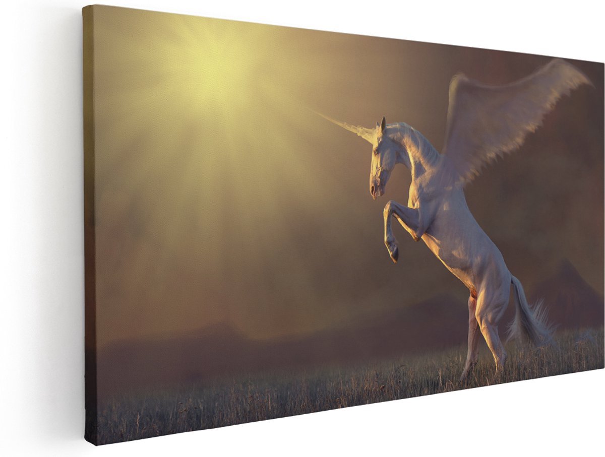 Artaza Canvas Schilderij Eenhoorn met Vleugels in het Gras - 180x90 cm - Groot - Wanddecoratie Woonkamer - Schilderijen - Muurdecoratie