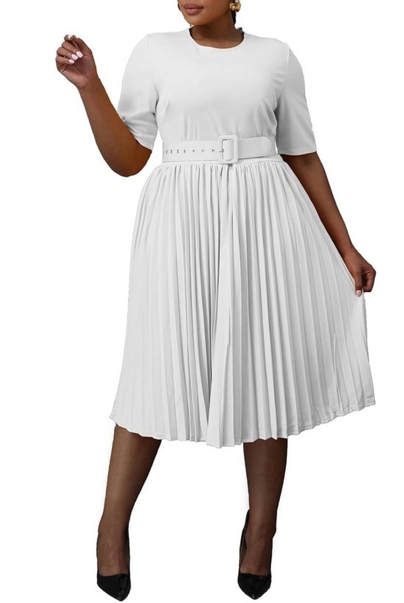 Plus Size Midi Jurk met Korte Mouw en Riem - A-lijn Jurk voor Dames