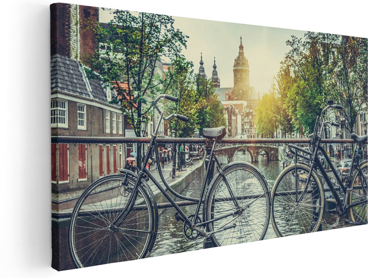Artaza Canvas Schilderij Amsterdamse Brug Bij Een Gracht Met Zonsondergang - 180x90 cm - Groot - Wanddecoratie Woonkamer - Schilderijen - Muurdecoratie