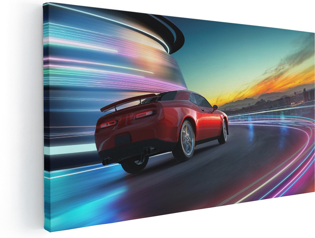 Artaza Canvas Schilderij Rode Sportwagen Auto In De Stad - 180x90 cm - Groot - Wanddecoratie Woonkamer - Schilderijen - Muurdecoratie