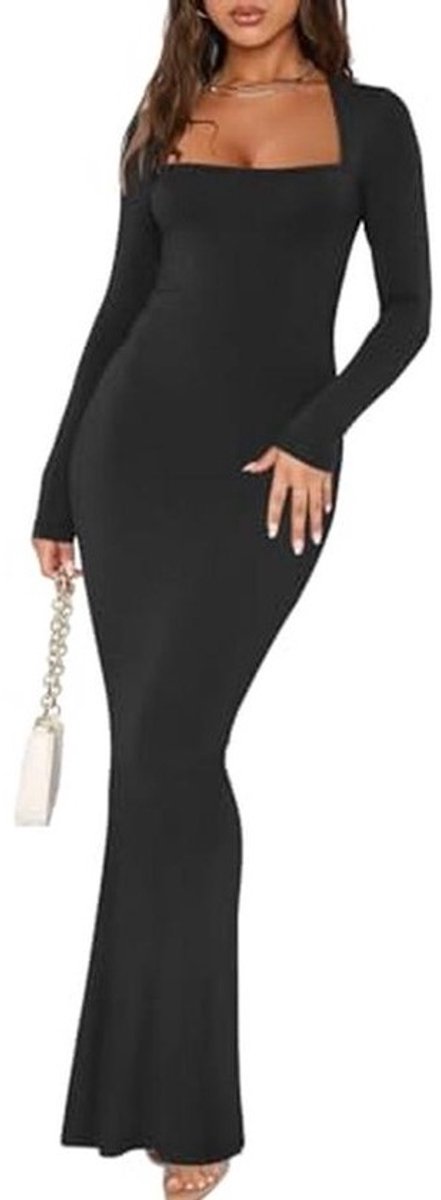 REORIA Dames Basic Sexy Vierkante Hals Lange Mouw Zachte Lounge Lange Jurk Herfst Casual Geribbelde Bodycon Maxi Jurken