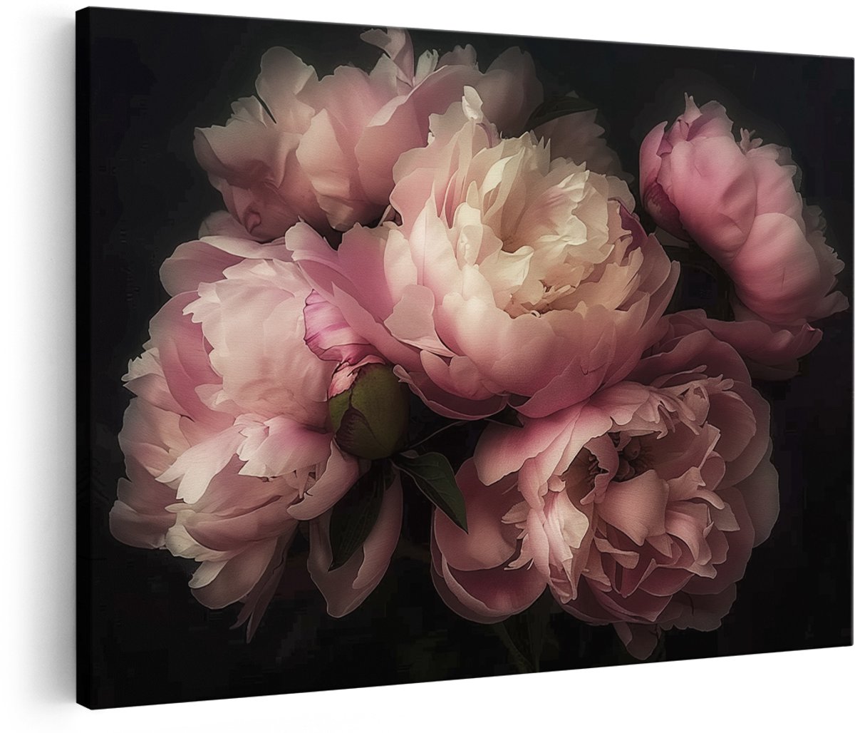 Artaza Canvas Schilderij Roze Pioenrozen in een Vaas op een Zwarte Achtergrond - Bloemen - 150x100 cm - Groot - Wanddecoratie Woonkamer - Schilderijen - Muurdecoratie