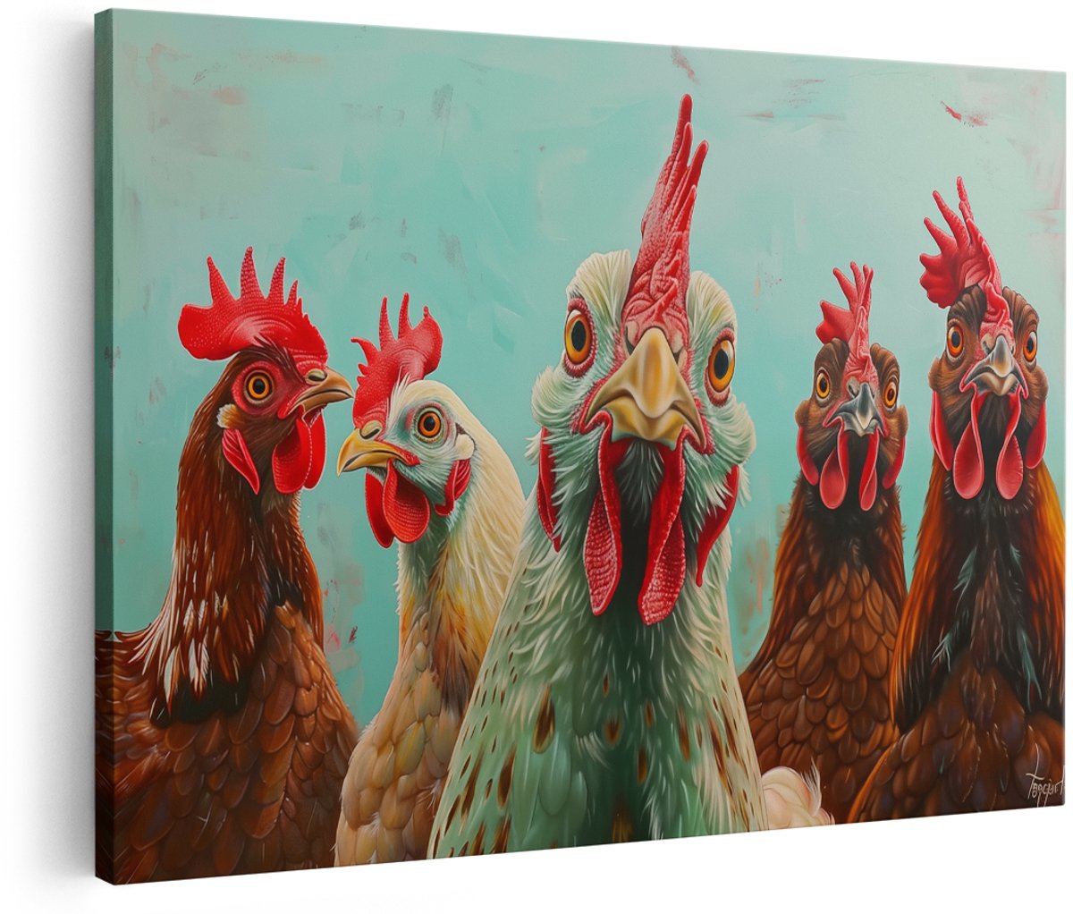 Artaza Canvas Schilderij Kunstwerk van een Groep Kippen - Dieren - 150x100 cm - Groot - Wanddecoratie Woonkamer - Schilderijen - Muurdecoratie