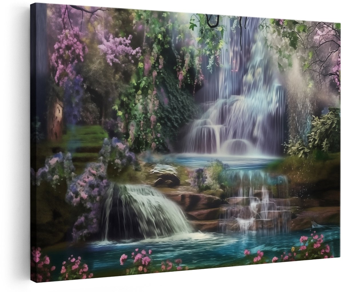 Artaza Canvas Schilderij Waterval in het Bos - 150x100 cm - Groot - Wanddecoratie Woonkamer - Schilderijen - Muurdecoratie