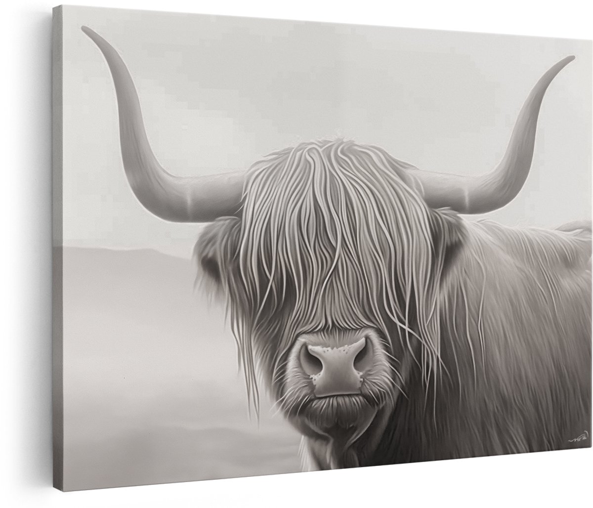 Artaza Canvas Schilderij Schotse Hooglander Koe met Lange Hoorns - Dieren - 150x100 cm - Groot - Wanddecoratie Woonkamer - Schilderijen - Muurdecoratie