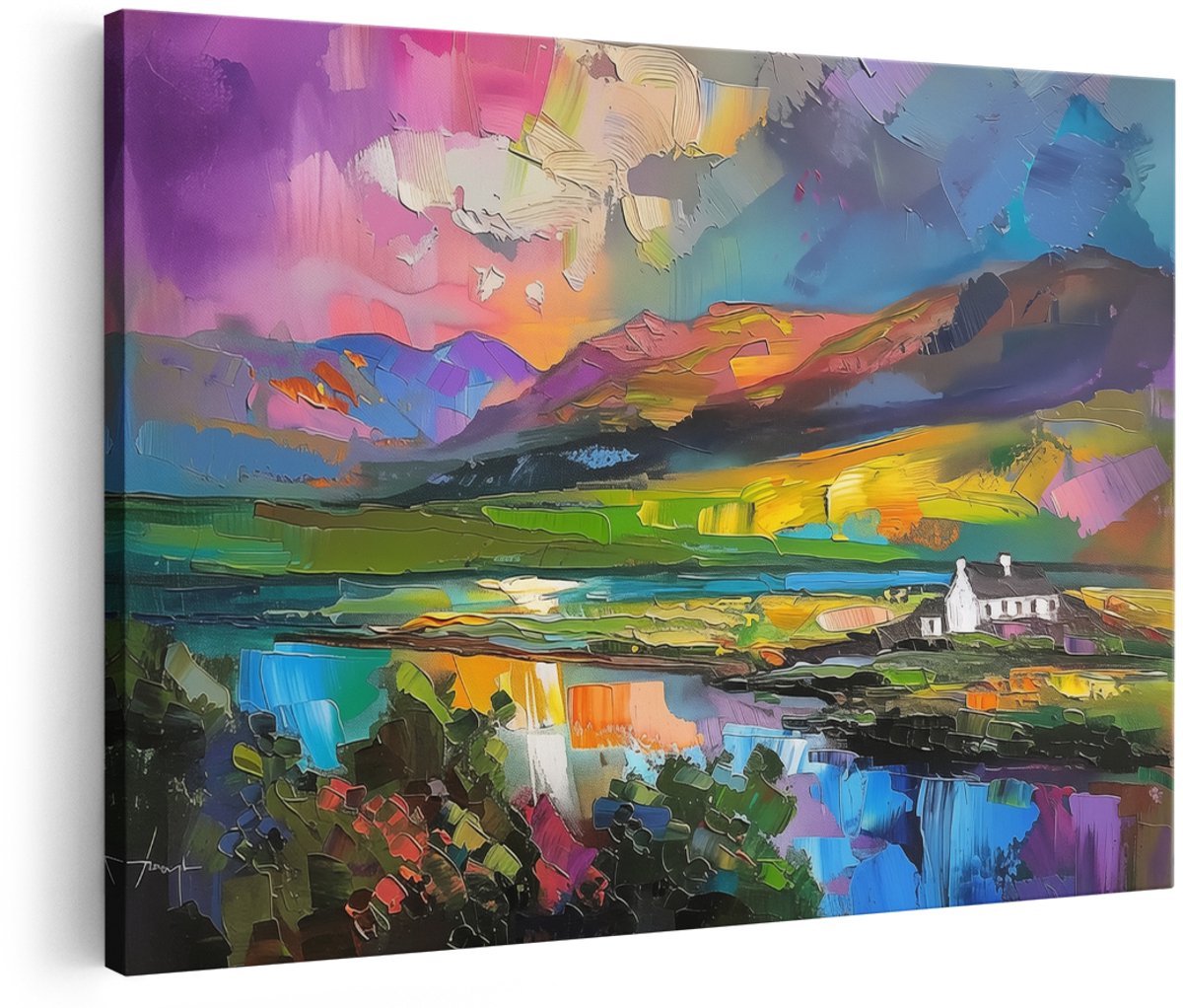 Artaza Canvas Schilderij Kleurrijk Huis in Schotland - Schotland - 150x100 cm - Groot - Wanddecoratie Woonkamer - Schilderijen - Muurdecoratie