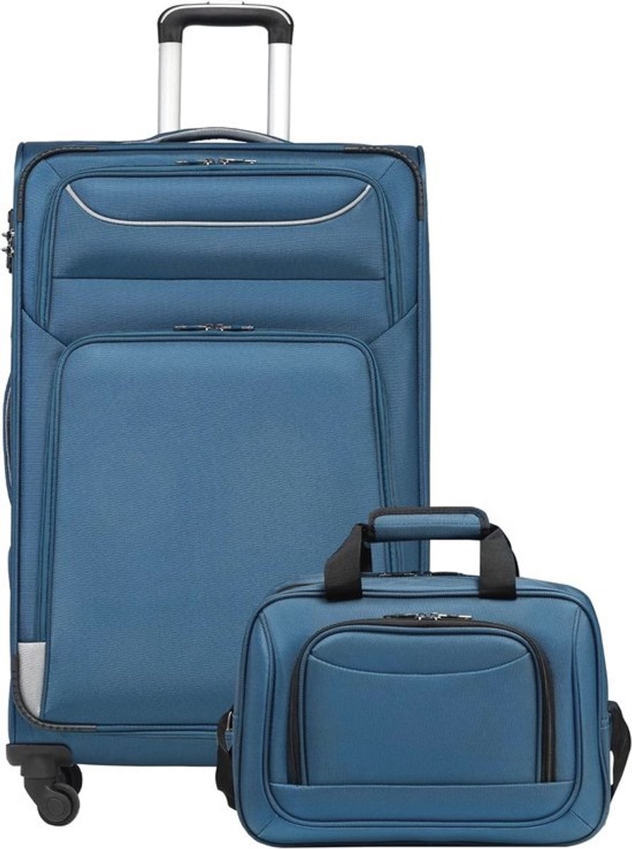 Reis Koffer met 4 Wielen en TSA Slot - Handbagage Inclusief Schoudertas - Blauw en Zilver