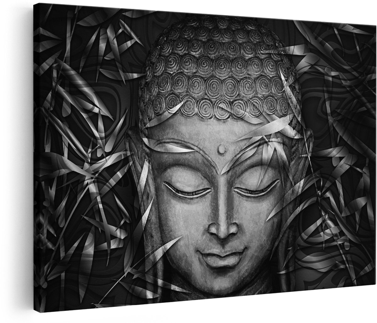 Artaza Canvas Schilderij Gouden Boeddha Hoofd - Zwart Wit - 150x100 cm - Groot - Wanddecoratie Woonkamer - Schilderijen - Muurdecoratie