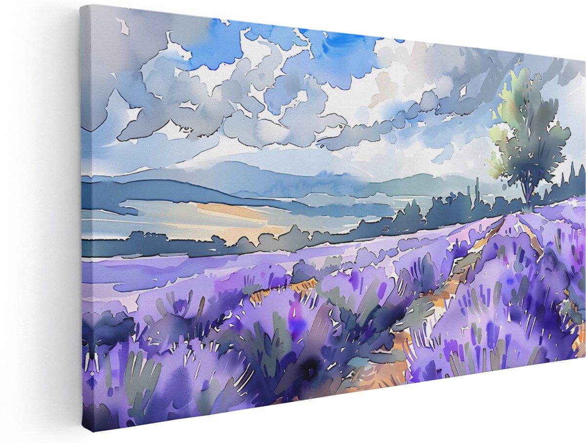 Artaza Canvas Schilderij Provence Landschap - 140x70 cm - Groot - Wanddecoratie Lavendel - Muurdecoratie Aquarel - Decoratie Woonkamer - Paars