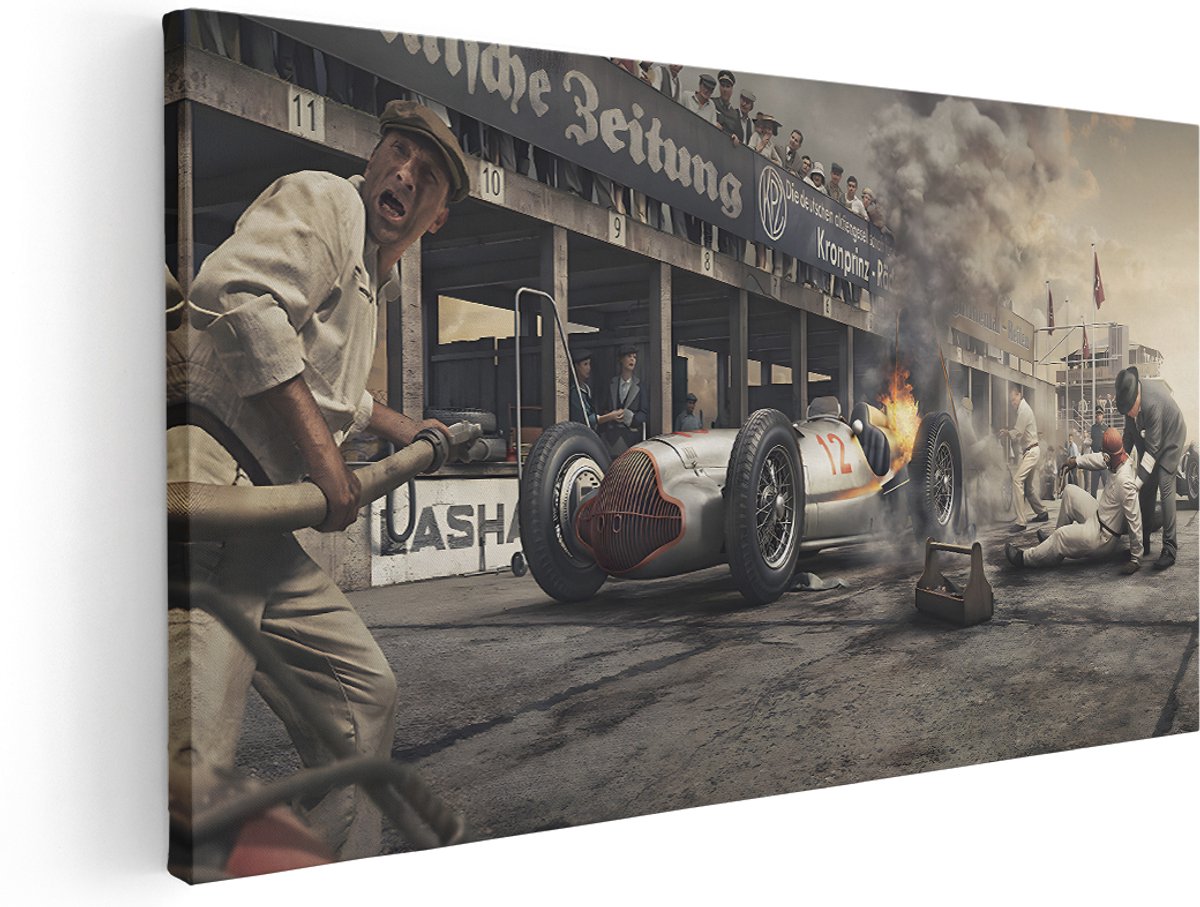 Artaza Canvas Schilderij Auto - 140x70 cm - Groot - Wanddecoratie Vintage Race - Muurdecoratie Formule 1 - Decoratie Pitstraat - Kamer Accessoires