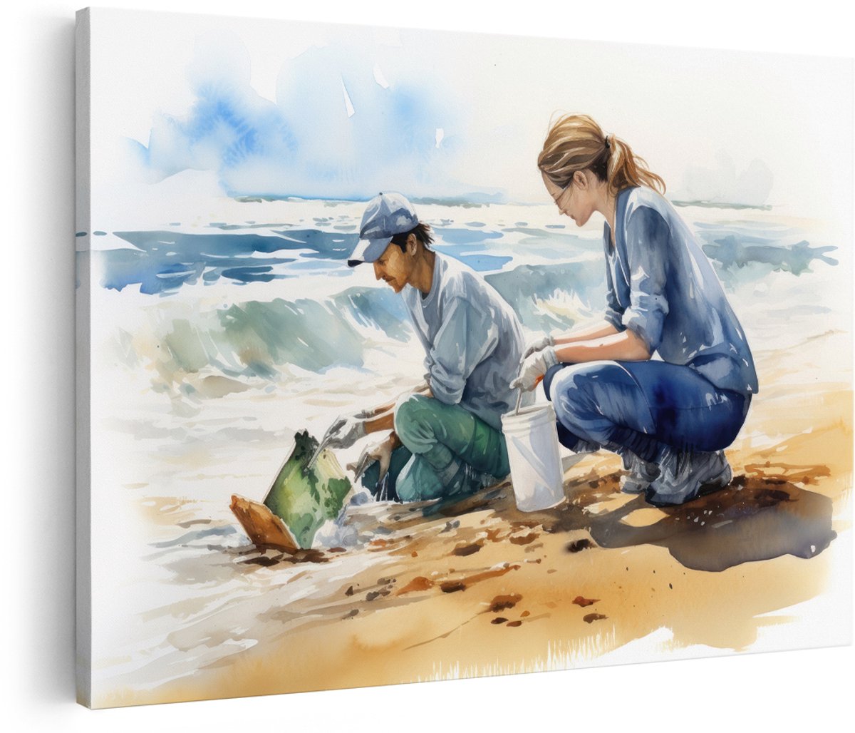 Artaza Canvas Schilderij Strand - 150x100 cm - Groot - Wanddecoratie Zee - Muurdecoratie Vrijwilligers - Decoratie Oceaan - Schilderijen Op Canvas