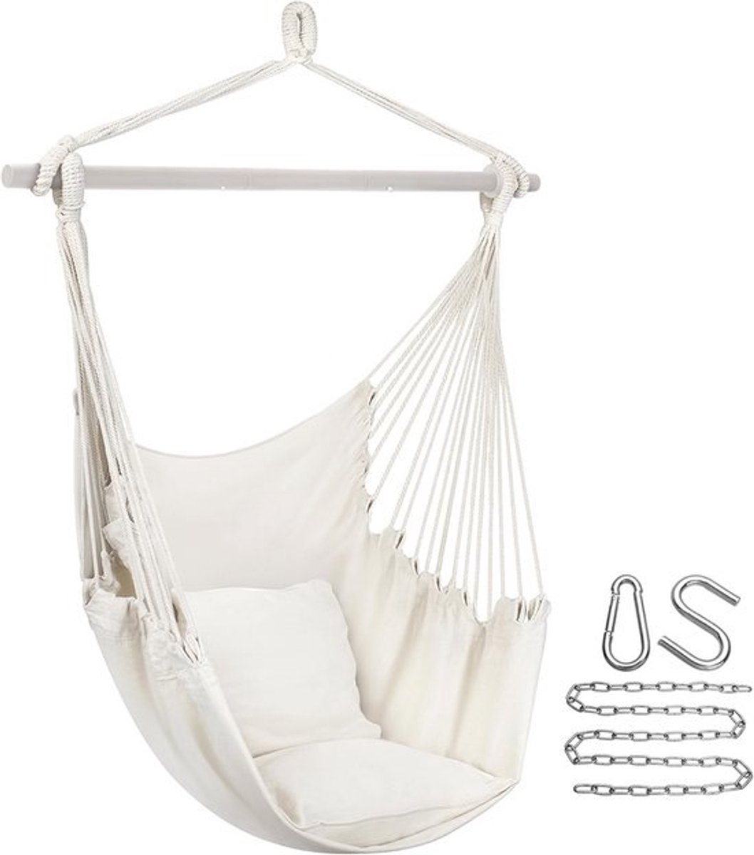 Hanging rocking chair - Comfortable cotton fabric - Portable indoor and outdoor use - Includes cushions