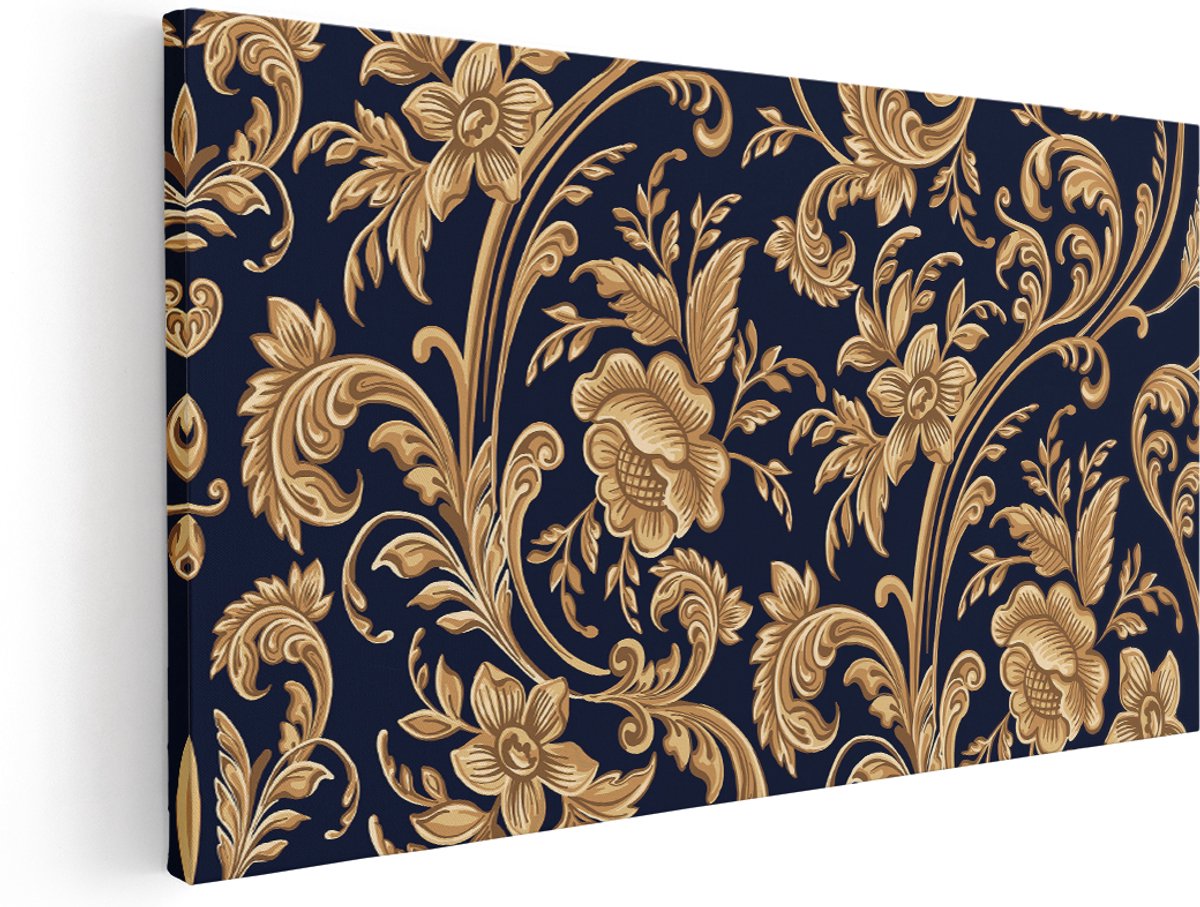 Artaza Canvas Schilderij Decoratieve Gouden Bloemen Achtergrond - 140x70 cm - Groot - Wanddecoratie Woonkamer - Schilderijen - Muurdecoratie