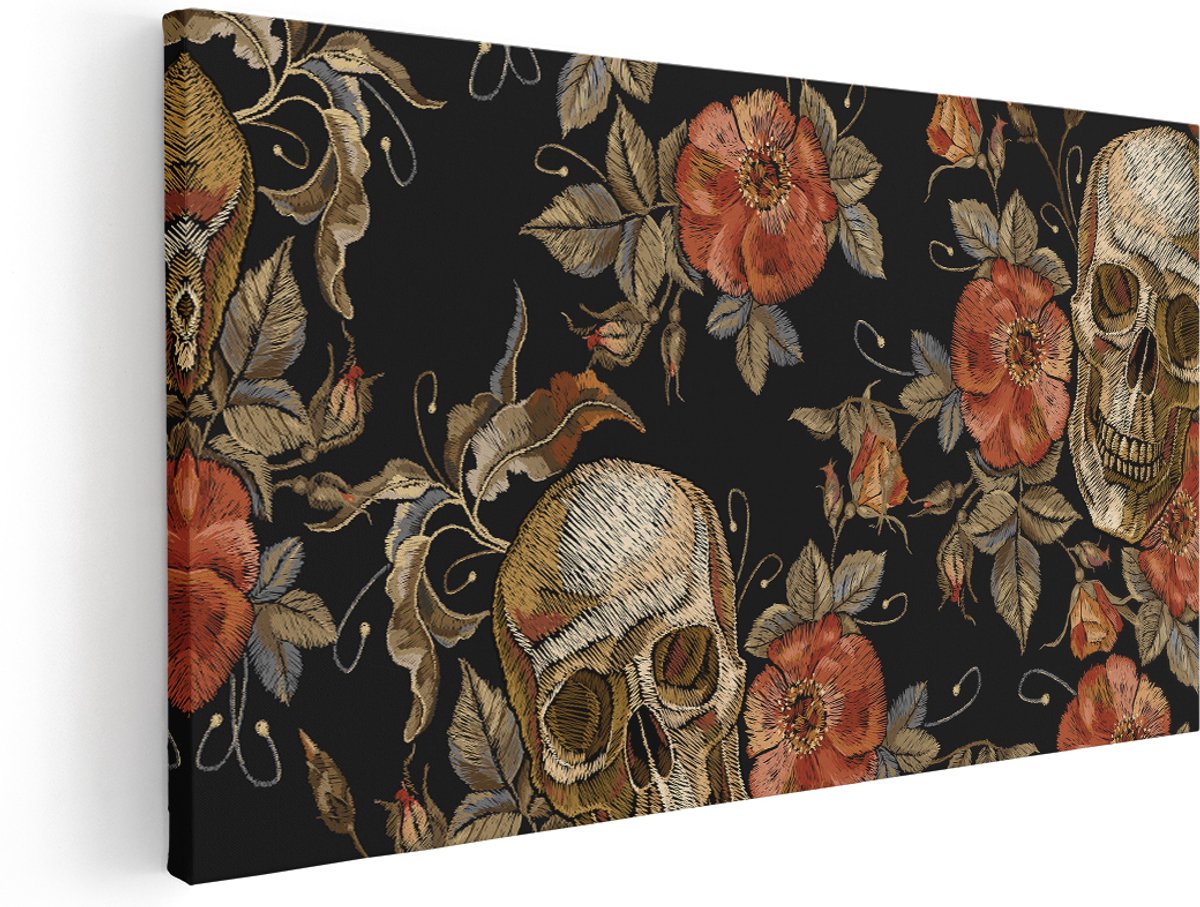 Artaza Canvas Schilderij Doodshoofden met Bloemen - Schedels - 140x70 cm - Groot - Wanddecoratie Woonkamer - Schilderijen - Muurdecoratie