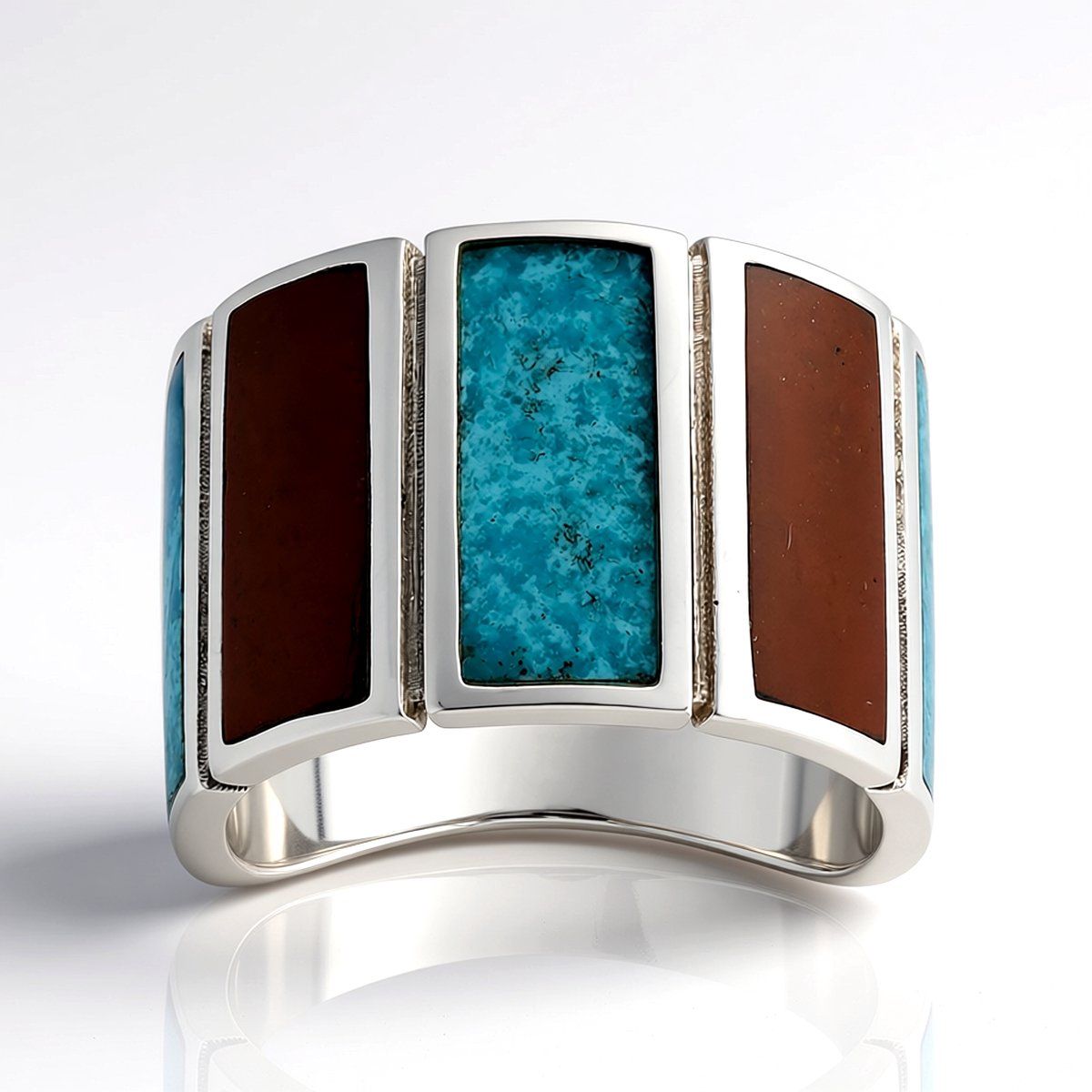 Cavill - 925 Sterling Zilver Ring met Blauwe Kingman Mohave Turkoois & Rode Jaspis - Geoxideerd - Handgemaakte Baguette Inlay - Brede Edelstenen Ring