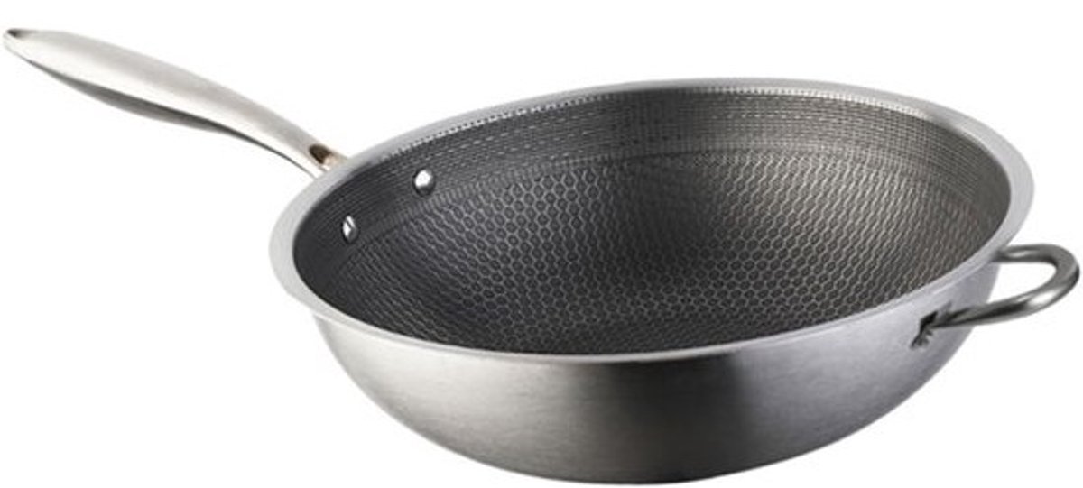 Wok Pan - Koekenpan - Wokken Koken - Honingraat Dubbele Handgreep - 34 Cm - Zilver