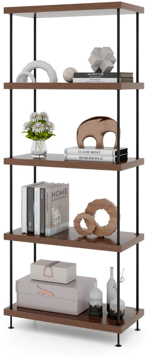 SureDeal® - Boekenkast Industrieel - 5 Niveaus - 60x29,5x147 cm - Hout & Metaal - Walnoot - Staand Opbergrek