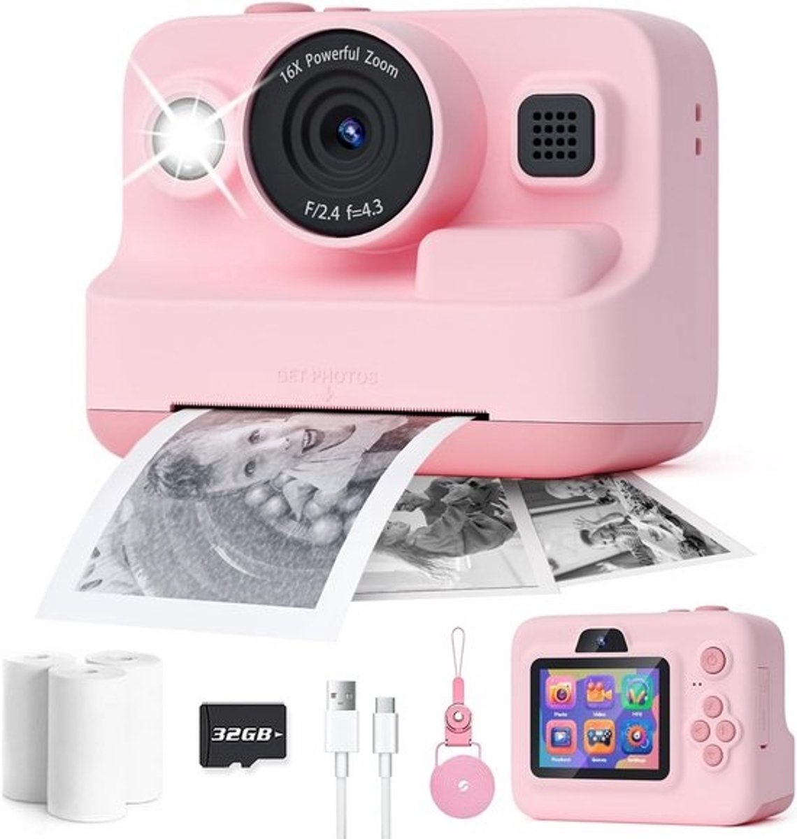 Instant Camera voor Kinderen met Printfunctie - 1080P Digitale Kinderfotocamera voor Meisjes en Jongens