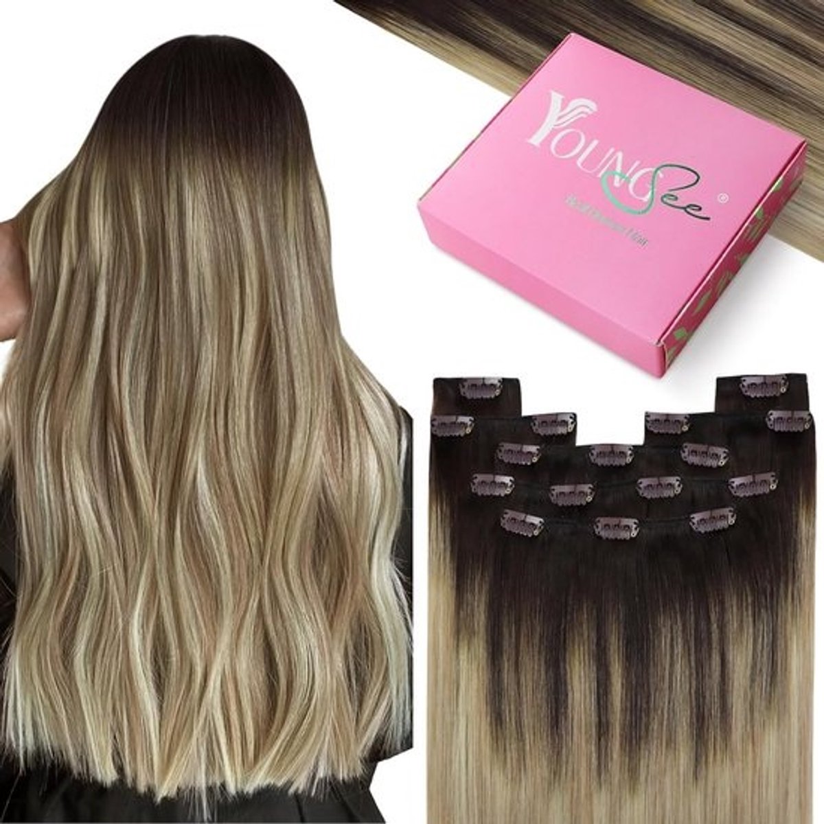Clip-in Echthaar Extensions Balayage Donkerbruin met Blond 30 cm 80g