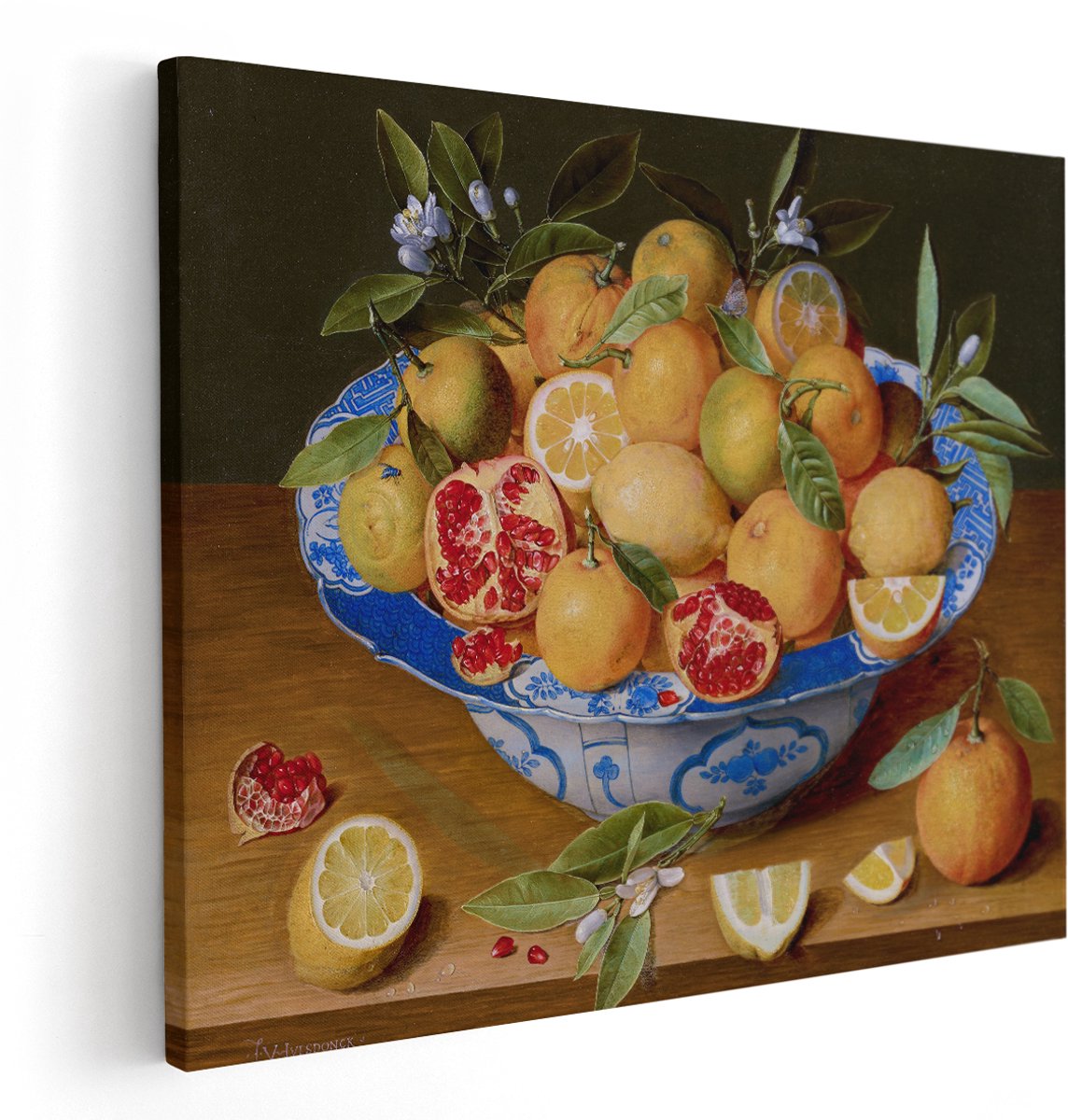 Artaza Canvas Schilderij Stilleven - 150x120 cm - Groot - Wanddecoratie Oude Meesters - Muurdecoratie Fruit - Decoratie Delfts Blauw Schaal