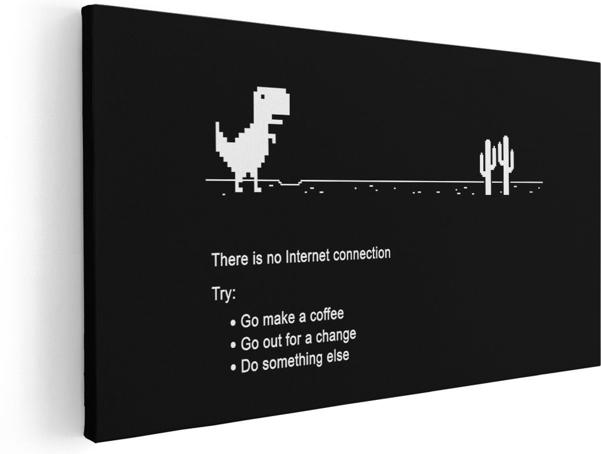 Artaza Canvas Schilderij Chrome Dinosaurus - 160x80 cm - Groot - Wanddecoratie Retro Gaming - Muurdecoratie Tekst - Zwart Wit Kamer Accessoires